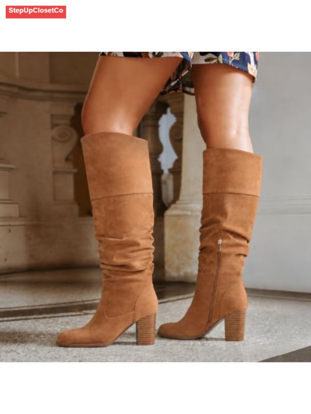 Wide Calf Suede Knee High Boots 3in Block Heel Side Zip Fall - Picture 4 of 6